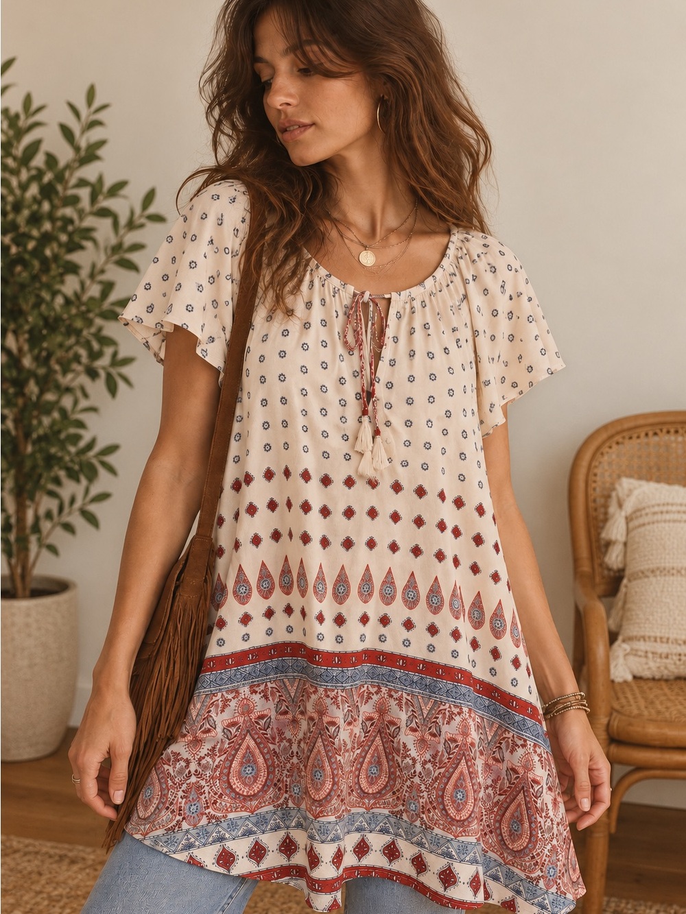 Show Me Your Mumu Small Boho Paisley Border Print Tunic Top Flutter Sleeve